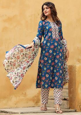 Royal Blue Printed Rayon Kurta Set