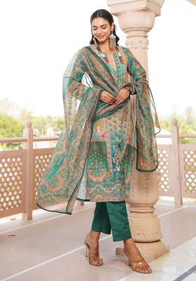 Green Printed Rayon Kurta Set