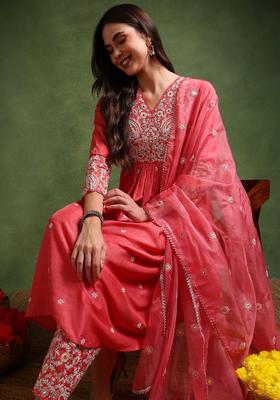 Peach Embroidery Blended Palazzo Set