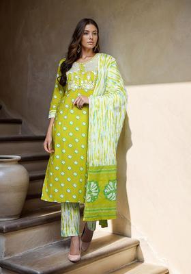 Green Embroidery Cotton Kurta Set