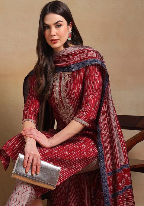 Maroon Floral Print Silk Salwar Suit Set — view on Indya