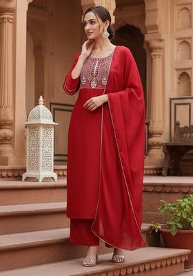 Red Embroidery Silk Palazzo Set
