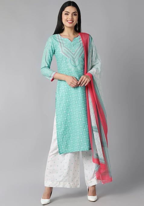 Green Printed Polyester Palazzo Set — view on Indya