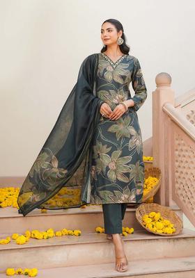 Green Floral Print Rayon Kurta Set