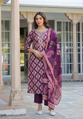 Purple Printed Viscose Kurta Set
