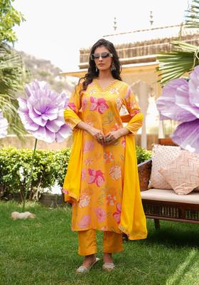 Yellow Floral Print Silk Kurta Set