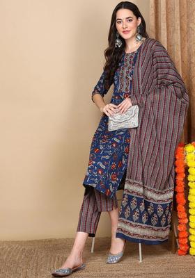 Blue Floral Print Rayon Kurta Set