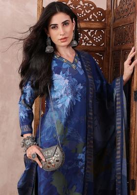 Blue Floral Print Rayon Kurta Set
