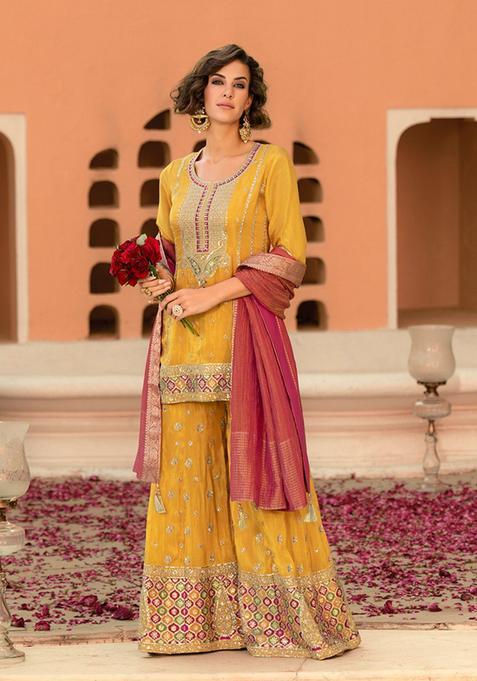 Yellow Embroidery Viscose Palazzo Set — view on Indya