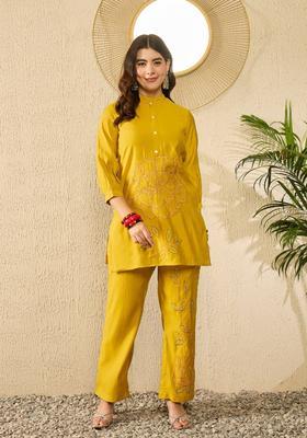 Mustard Embroidery Silk Co-Ord Set