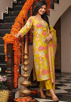 Yellow Floral Print Viscose Kurta Set