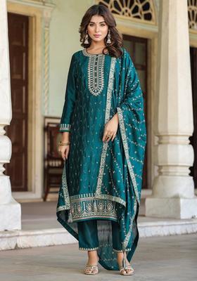 Green Embroidery Blended Kurta Set
