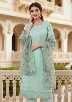 Green Embroidery Organza Kurta Set