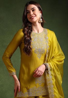 Green Embroidery Blended Palazzo Set