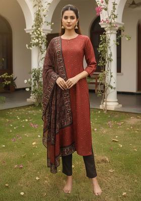 Maroon Printed Rayon Kurta Set