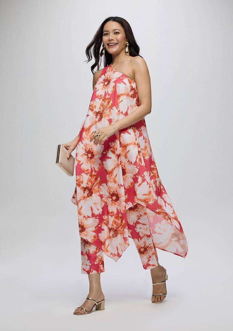 Coral Poly Silk Floral One Shoulder Kurta and Pant Set of 2 for Women Fusion Wear - Indya