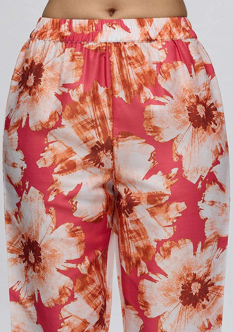 Coral Poly Silk Floral One Shoulder Kurta and Pant Set of 2 for Women Fusion Wear - Indya