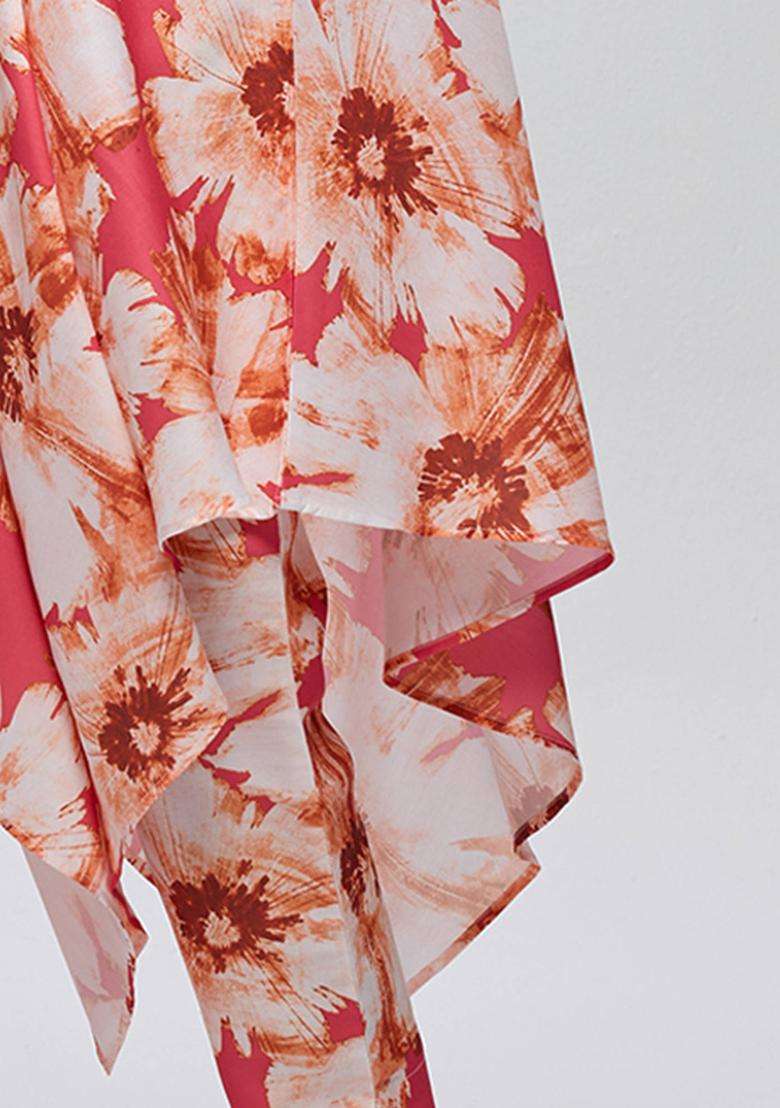 Coral Poly Silk Floral One Shoulder Kurta and Pant Set of 2 for Women Fusion Wear - Indya