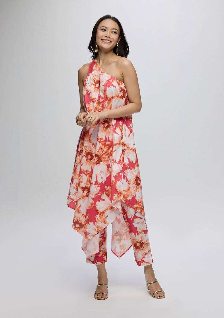 Coral Poly Silk Floral One Shoulder Kurta and Pant Set of 2 for Women Fusion Wear - Indya