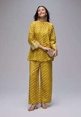 Mustard Cotton Leheriya Embroidered Kurta Pant Co Ord Set of 2 for Women Festive Wear