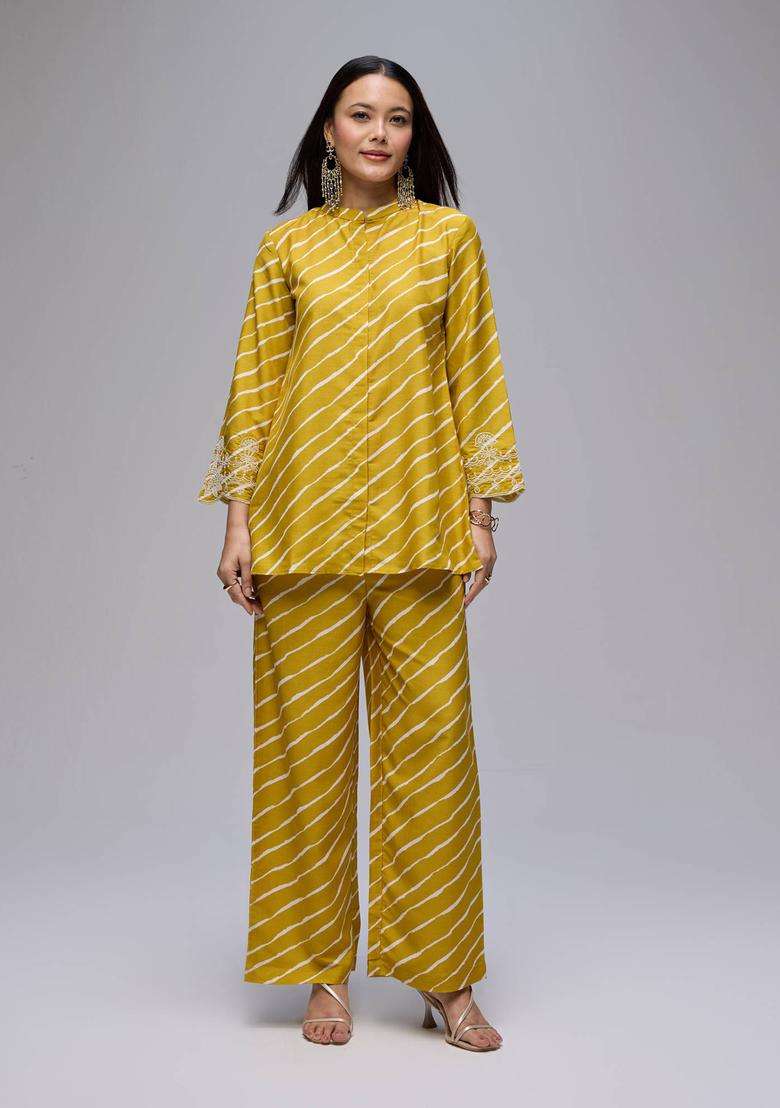 Mustard Cotton Leheriya Embroidered Kurta Pant Co Ord Set of 2 for Women Festive Wear - Indya