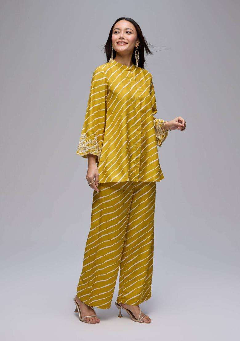 Mustard Cotton Leheriya Embroidered Kurta Pant Co Ord Set of 2 for Women Festive Wear - Indya