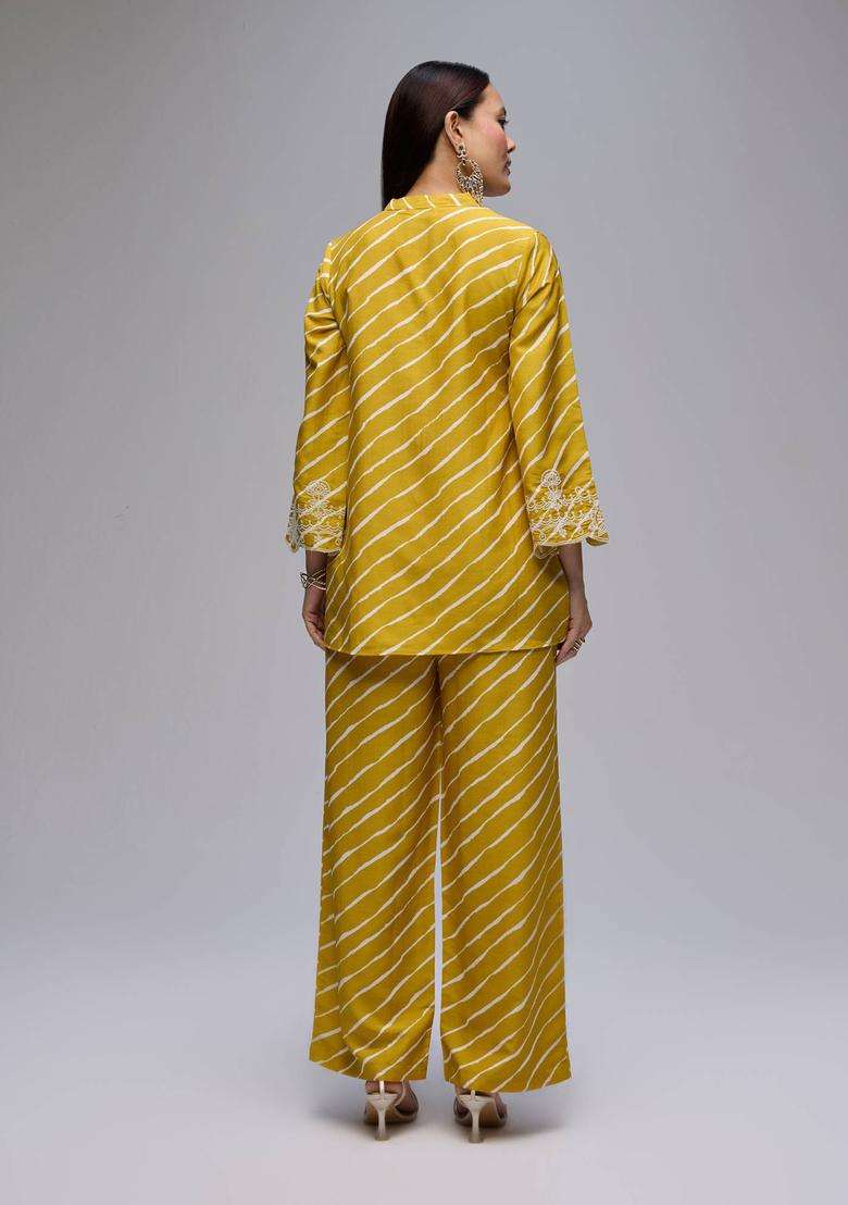 Mustard Cotton Leheriya Embroidered Kurta Pant Co Ord Set of 2 for Women Festive Wear - Indya