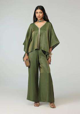 Olive Gold Stripe Bead Trim Embellished Kaftan and Palazzo for Women Fusion Wear