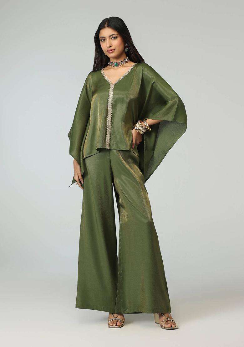 Olive Gold Stripe Bead Trim Embellished Kaftan and Palazzo for Women Fusion Wear - Indya