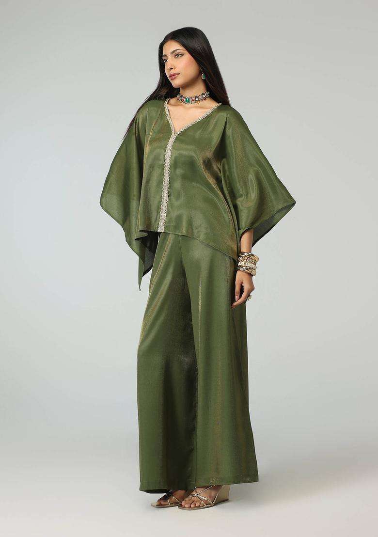 Olive Gold Stripe Bead Trim Embellished Kaftan and Palazzo for Women Fusion Wear - Indya
