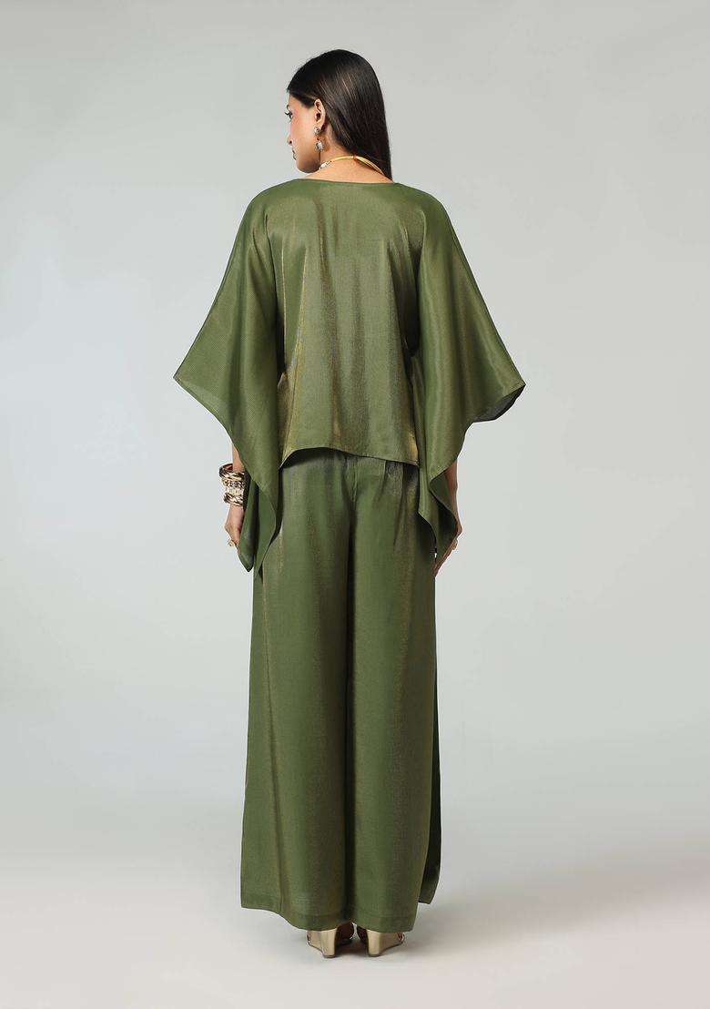 Olive Gold Stripe Bead Trim Embellished Kaftan and Palazzo for Women Fusion Wear - Indya