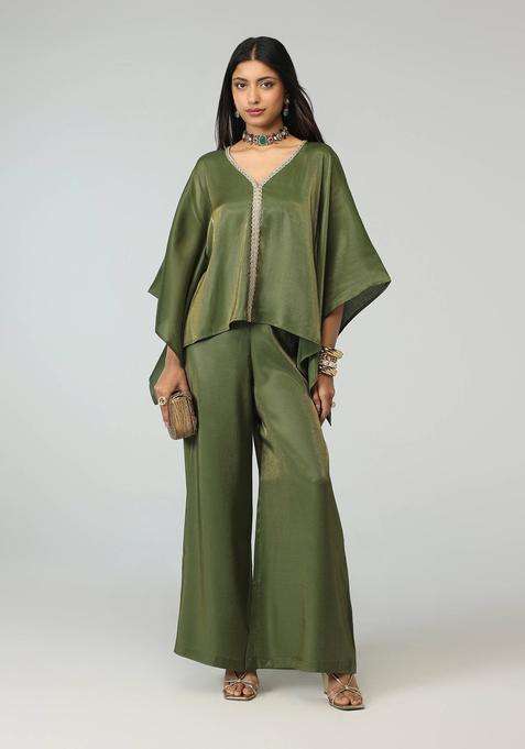 Olive Gold Stripe Bead Trim Embellished Kaftan and Palazzo for Women Fusion Wear