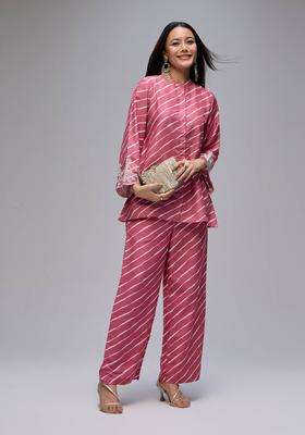 Pink Cotton Leheriya Embroidered Kurta Pant Co Ord Set of 2 for Women Festive Wear
