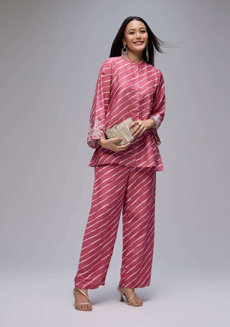 Pink Cotton Leheriya Embroidered Kurta Pant Co Ord Set of 2 for Women Festive Wear - Indya