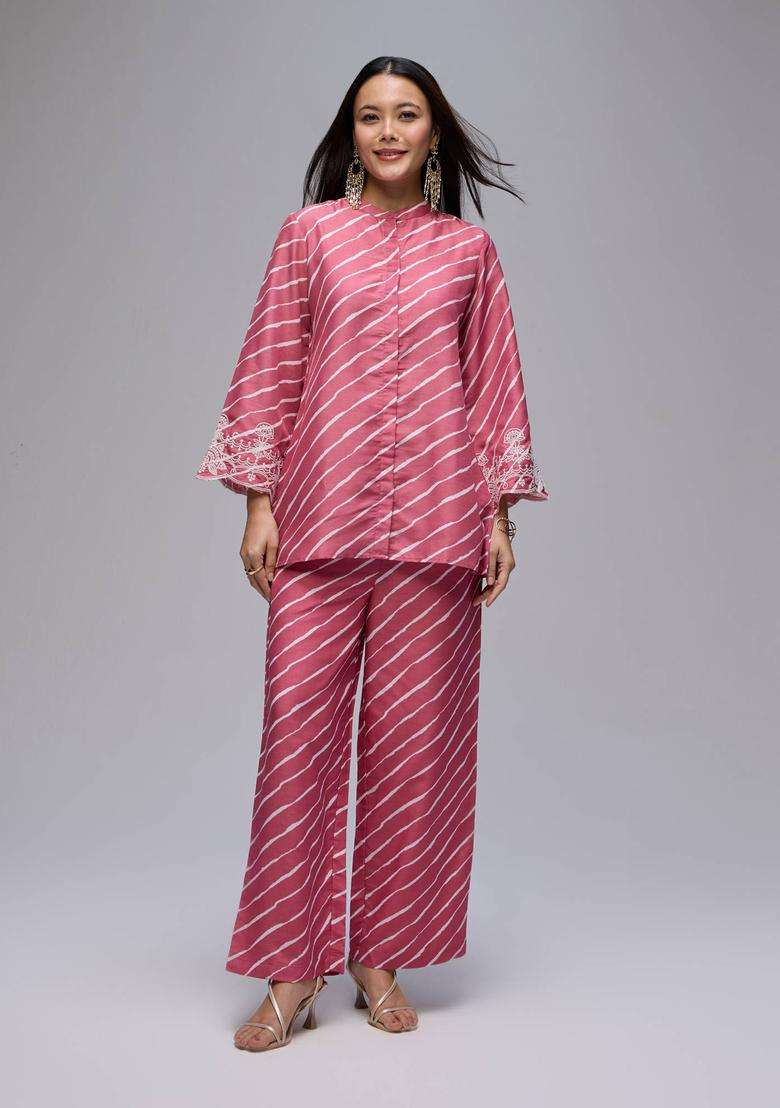 Pink Cotton Leheriya Embroidered Kurta Pant Co Ord Set of 2 for Women Festive Wear - Indya