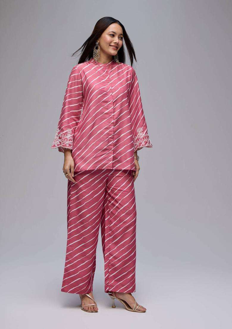 Pink Cotton Leheriya Embroidered Kurta Pant Co Ord Set of 2 for Women Festive Wear - Indya