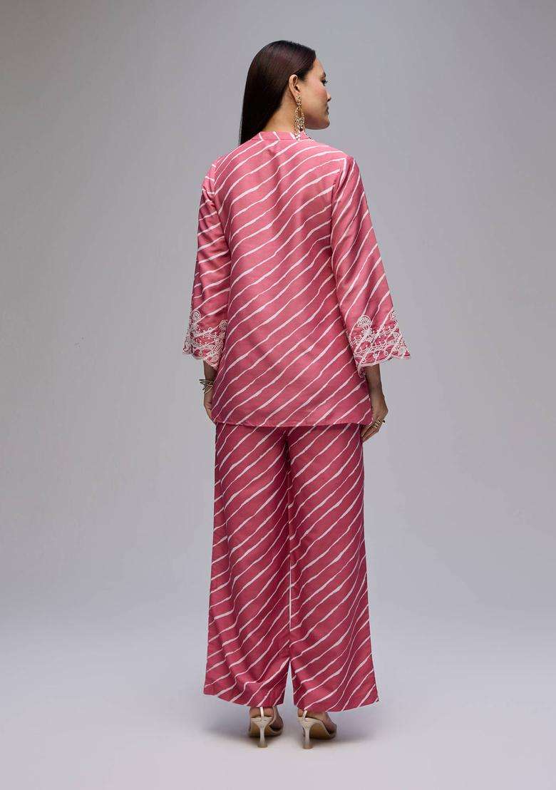 Pink Cotton Leheriya Embroidered Kurta Pant Co Ord Set of 2 for Women Festive Wear - Indya