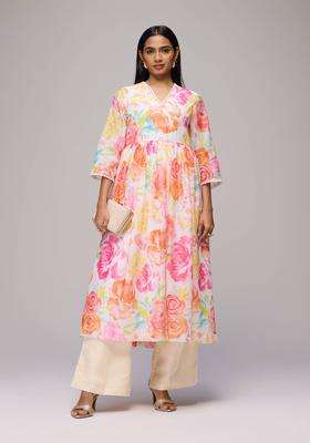 Multicolor Floral Print Tie Dye Kurta with Tassel Scarf Set of 2 for Women Festive Wear