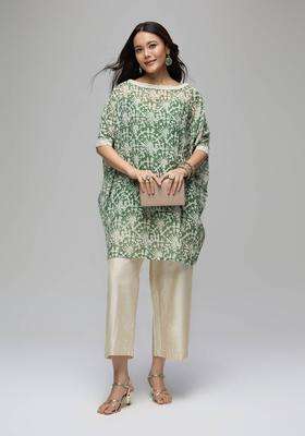 Olive Georgette Batik Print Kaftan Kurta with Solid Inner Set of 2 for Women Festive Wear