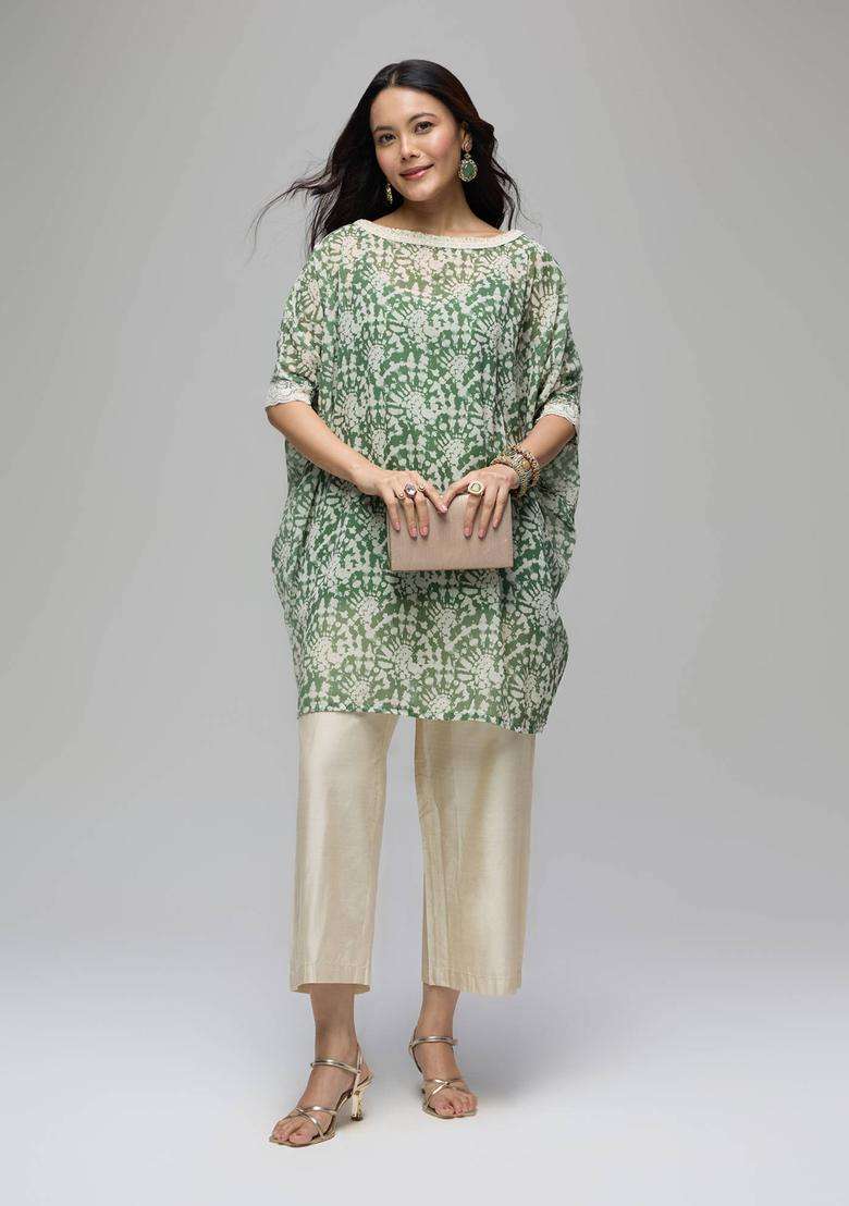 Olive Georgette Batik Print Kaftan Kurta with Solid Inner Set of 2 for Women Festive Wear - Indya