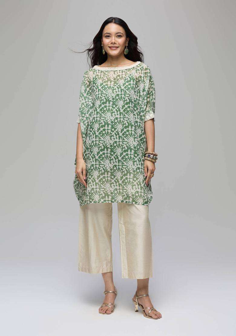 Olive Georgette Batik Print Kaftan Kurta with Solid Inner Set of 2 for Women Festive Wear - Indya