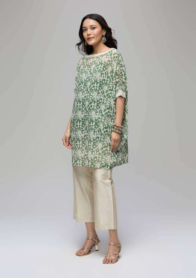 Olive Georgette Batik Print Kaftan Kurta with Solid Inner Set of 2 for Women Festive Wear - Indya