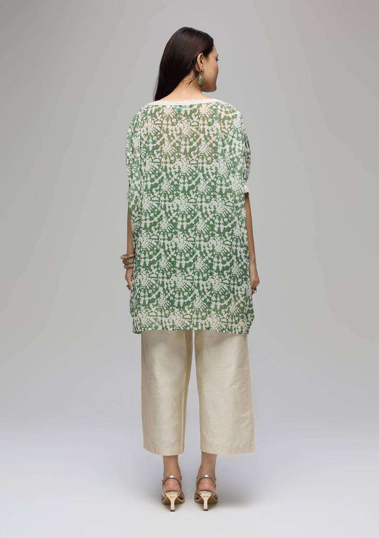 Olive Georgette Batik Print Kaftan Kurta with Solid Inner Set of 2 for Women Festive Wear - Indya