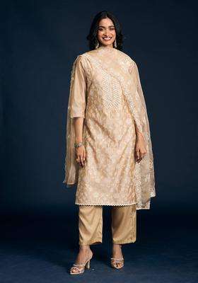 Beige Embroidered Kurta Pant and Dupatta Set of 3 for Women Festive Wear