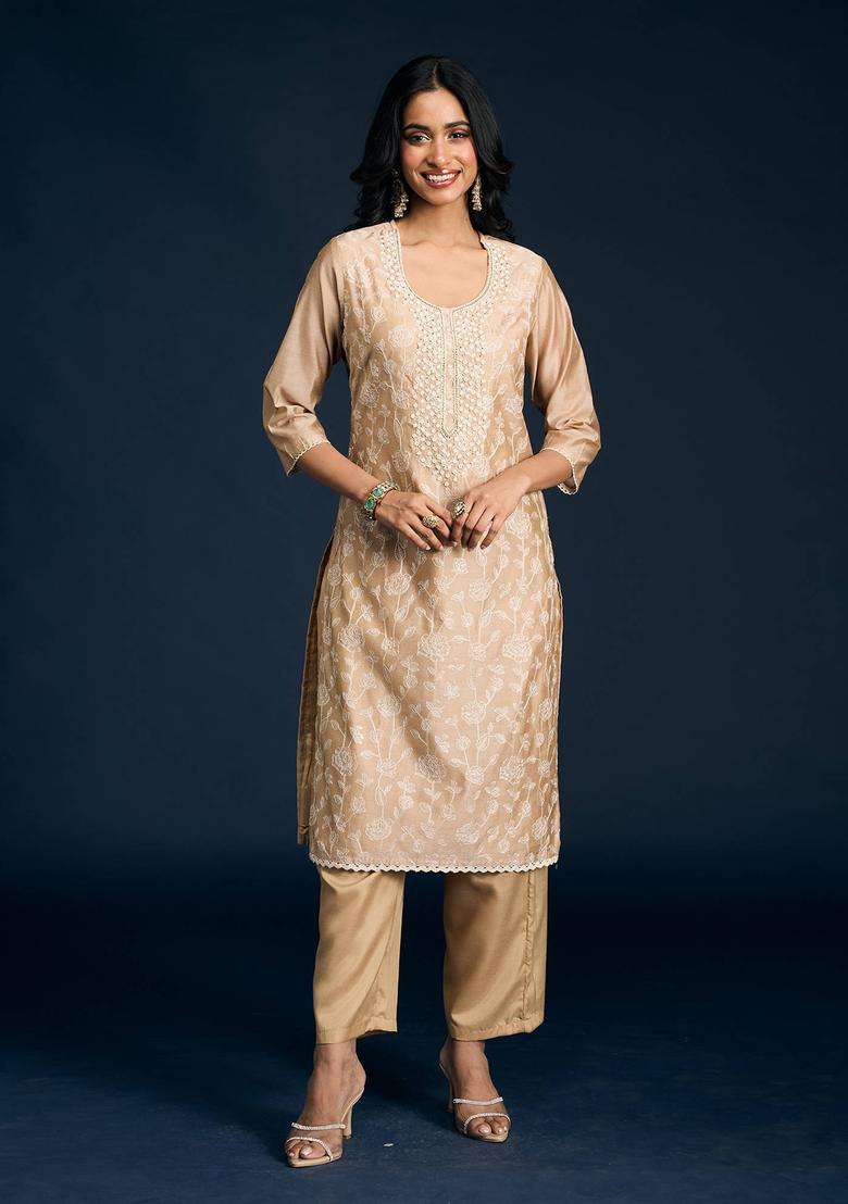 Beige Embroidered Kurta Pant and Dupatta Set of 3 for Women Festive Wear - Indya