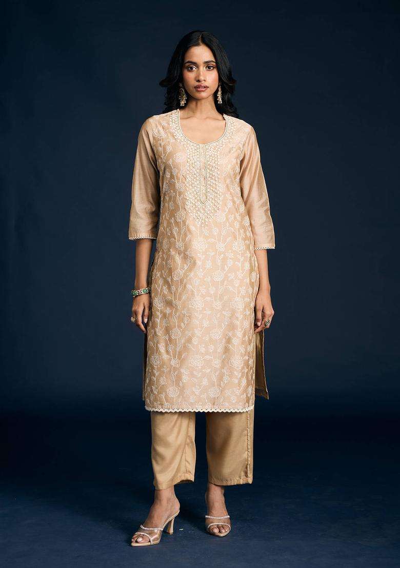 Beige Embroidered Kurta Pant and Dupatta Set of 3 for Women Festive Wear - Indya