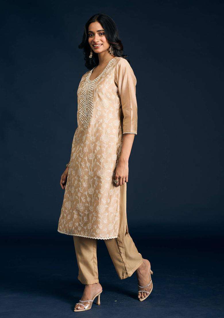 Beige Embroidered Kurta Pant and Dupatta Set of 3 for Women Festive Wear - Indya