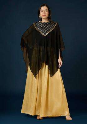 Black Georgette Embroidered Cape with Slip and Palazzo Set of 2 for Women Festive Wear