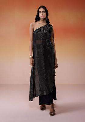 Black Georgette Lurex Asymmetric Kurta Set of 3 for Women Fusion Wear