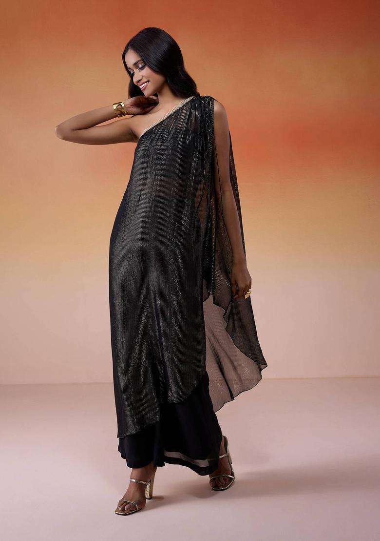 Black Georgette Lurex Asymmetric Kurta Set of 3 for Women Fusion Wear - Indya
